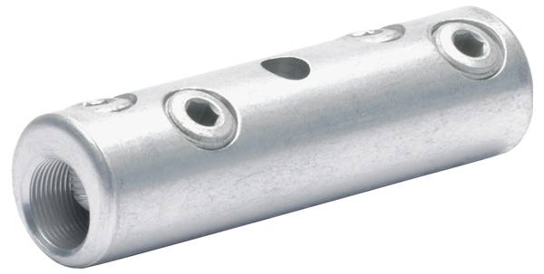 Ein zylindrischer Metallverbinder mit vier sechseckigen Schrauben zum Verbinden von Stangen oder Rohren.