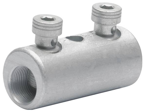 Ein metallischer zylindrischer Verbinder mit zwei Schrauben oben, der zum Verbinden von Rohren oder elektrischen Leitungen verwendet wird.