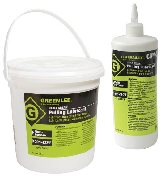 Greenlee Kabelschmierstoffe im Eimer und in der Flasche, gekennzeichnet als ‚Ziehschmiermittel, Universell'. Geeignet für -5°F bis 122°F (-15°C bis 50°C).