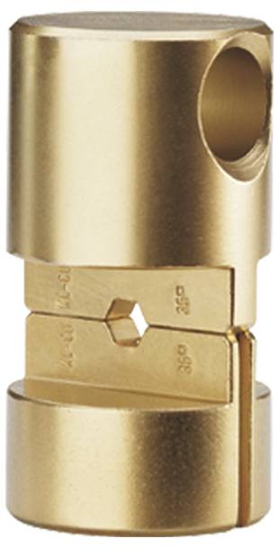 Ein zylindrischer, metallischer Anspitzer mit Goldbeschichtung, der eine einzelne Öffnung an der Oberseite und einen freigelegten Klingenmechanismus aufweist.