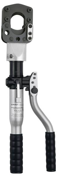 Ein hydraulischer Crimpwerkzeug mit schwarzem Griff und silbernem Gehäuse, das zum Aufbringen von Kompressionsdruck auf Kabel und Anschlüsse verwendet wird.