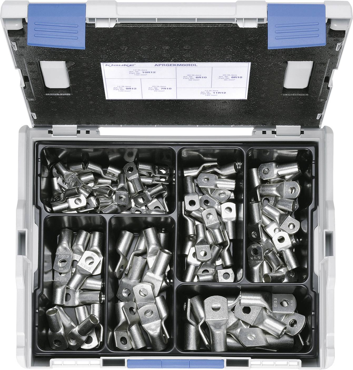 Eine offene Box, die mehrere Fächer enthält, die mit verschiedenen Kabellaschen aus Metall in unterschiedlichen Größen gefüllt sind, übersichtlich und zur einfachen Entnahme angeordnet.