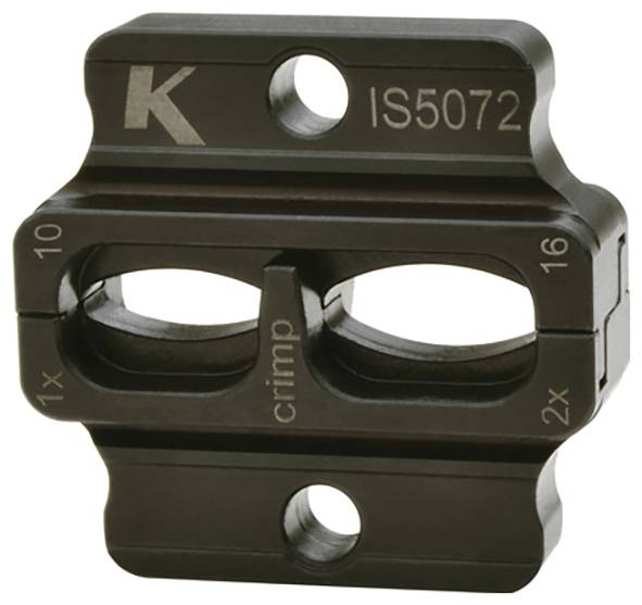 Eine schwarze Metallkabelklemme mit 'K'-Logo und der Aufschrift 'IS5072'. Verfügt über Crimpzonen für Kabel mit den Größen 10 bis 16 und Befestigungslöcher.