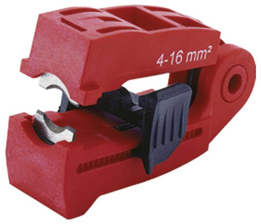 Ein roter Kabelmesser mit der Aufschrift '4-16 mm²', ausgestattet mit einer Metallklinge und ergonomischem Design zum effizienten Durchtrennen von Isoliermaterial.