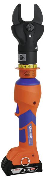 Ein orange-blauer kabelloser hydraulischer Crimpwerkzeug mit einem schwarzen Crimpkopf, verwendet zum Zusammendrücken von elektrischen Anschlüssen.