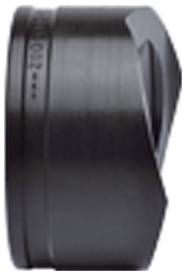 Eine schwarze Kameraobjektiv von der Seite, mit einer glatten Metalloberfläche und einer Blende zur Reduzierung von Lichtreflexen.