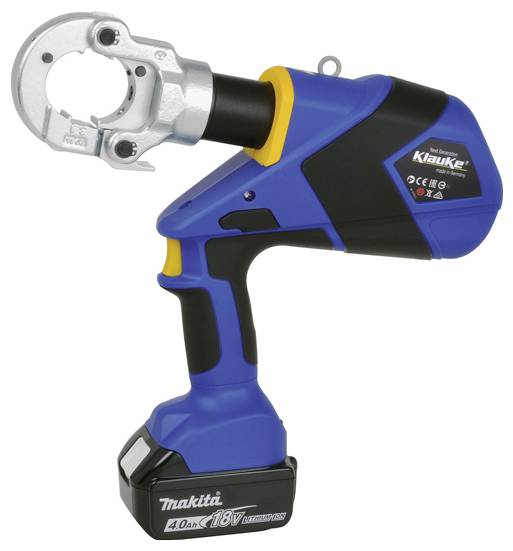 Ein blau-gelbes, kabelloses hydraulisches Crimpwerkzeug mit einem 18V-Akku. Es verfügt über eine metallische Crimpbacke und einen ergonomischen Griff.
