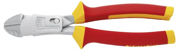 Rote und gelb-griffe Zangen mit einer Metallschneide, entwickelt für elektrische Arbeiten oder allgemeine Schneideaufgaben.