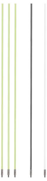 Vier schlanke, vertikale Stabantenne sind in einer Reihe ausgerichtet: zwei grüne, eine schwarze und eine weiße, jede mit Metallverbindern an der Basis.