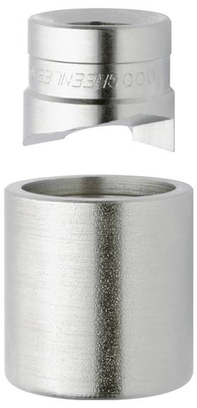 Metallfarbener zylindrischer Gegenstand mit einem abnehmbaren Oberteil; die Oberseite weist eine Nut auf, die auf einen möglichen Verschließ- oder Befestigungsmechanismus für die Montage hindeutet.