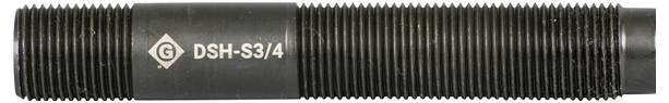 Eine schwarze, geriffelte zylindrische Komponente mit weißem Text 'DSH-SS/4' und einem Diamant-Logo, höchstwahrscheinlich ein Gewinderohr oder ein Werkzeugbestandteil.
