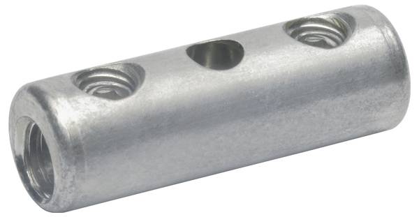Eine Metallverbindungsmutter mit vier Gewindebohrungen und einer glatten zylindrischen Form, konzipiert zum Verbinden von zwei Gewindestangen oder Schrauben.