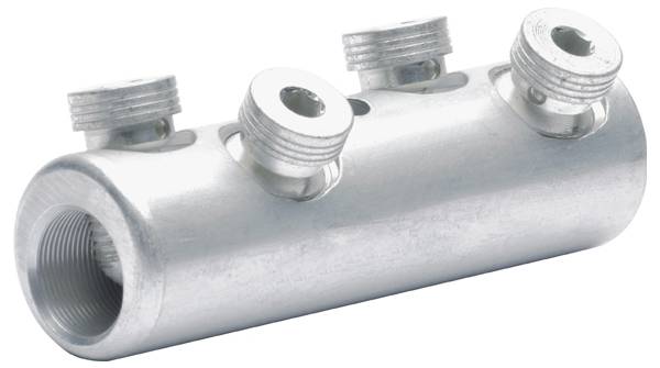 Ein zylindrischer Metallrohranschluss mit vier Gewindeöffnungen an der Oberseite zum Anschließen von Rohren, der häufig in der Sanitär- oder Industrietechnik verwendet wird.