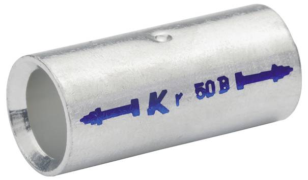 Ein metallischer zylindrischer Rohranschluss mit blauen Pfeilmarkierungen und dem Text 'K 50B', der zum Verbinden von Rohrabschnitten verwendet wird.