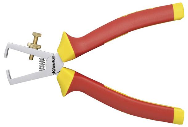 Ein rot-gelber Abisolierwerkzeug mit einer verstellbaren Schraube und Federmechanismus, entwickelt zum Abmanteln von Isolierungen von Kabeln.