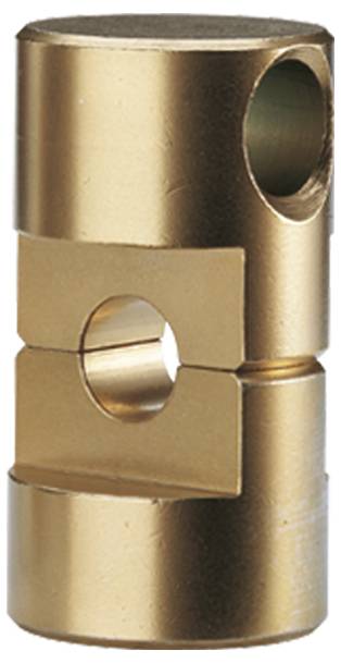 Goldener zylindrischer Metallverbinder mit kreisförmigen Löchern und einer zentralen Nut.