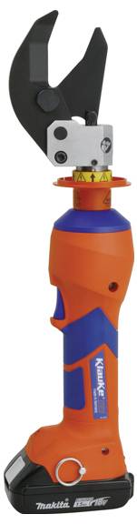 Ein orange-blauer Makita Akku-Scherenwerkzeug mit einem schwarzen Schneidkopf, Modell DSP-16F, entwickelt zum Kabelschneiden.