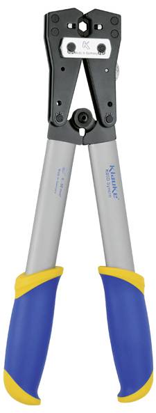 Crimpzange mit langen Griffen, blauen und gelben Griffstücken und schwarzem Crimpkopf, konzipiert für elektrische und mechanische Anwendungen.