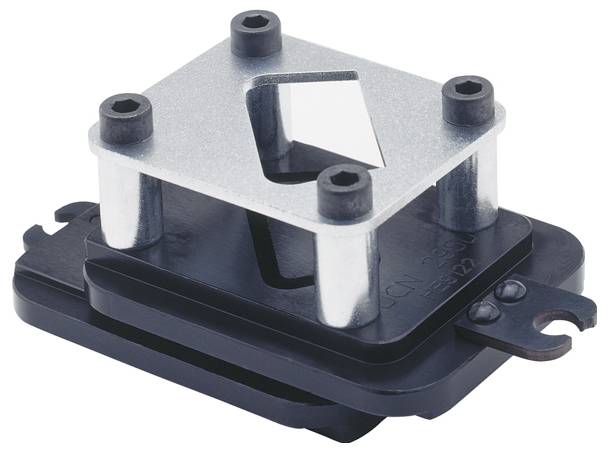 Metallbauteil mit einer rechteckigen Grundfläche, vier zylindrischen Stützen und einer rautenförmigen Öffnung auf der oberen Platte.