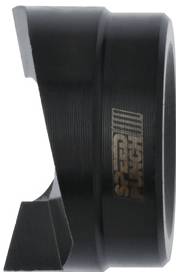 Eine schwarze zylindrische Komponente mit einer abgeschrägten Kante und einem Logo mit vertikalen Linien und dem Wort ‚TECH'.