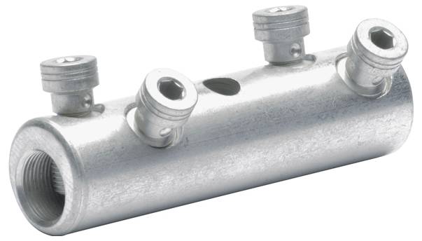 Ein metallischer Verbinder mit vier verstellbaren Schraubklemmen ragt unter verschiedenen Winkeln hervor, konzipiert zum Befestigen von Drähten in elektrischen Anwendungen.