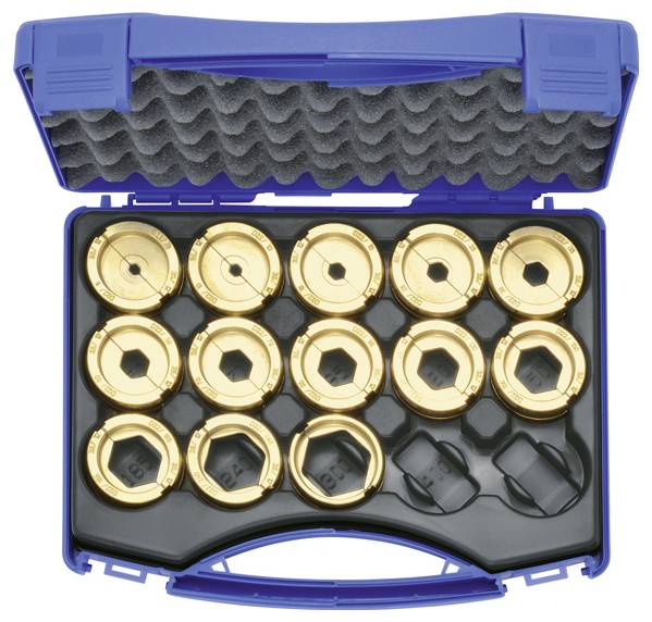 Eine blaue Plastikbox, die 15 goldfarbene Metallschneideeinsätze in einzelnen Fächern enthält, mit Schaumstoffauskleidung im Deckel.