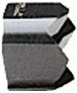 Ein Nahaufnahmebild eines kleinen metallfarbenen Werkzeugs, möglicherweise ein Anspitzer oder eine Schneidklinge, mit glänzend silberner Oberfläche und schwarzen Akzenten.