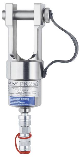 Ein metallisches hydraulisches Spannwerkzeug mit einem beschrifteten zylindrischen Körper und einem seitlich gekrümmten Griff.