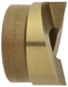 Ein goldfarbenes Metallwerkzeug mit einer hohlen, zylindrischen Form und einer einzelnen scharfen, spitzen Kante, das wahrscheinlich zum Schneiden oder Bohren von Materialien verwendet wird.