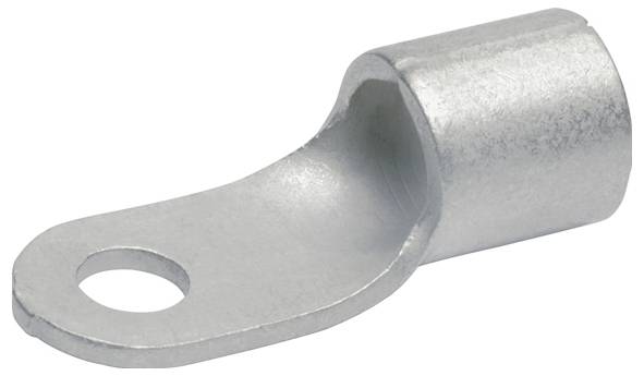 Ein Metallkabelschuh mit einem zylindrischen Rohr und einer flachen Zunge, die ein Loch zur Befestigung von Drähten in elektrischen Anwendungen aufweist.