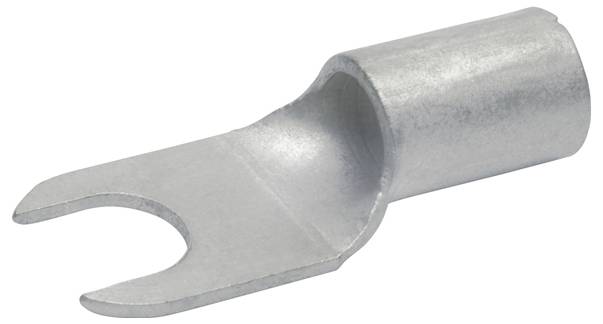 Eine silberfarbene Kabelöse oder Kabelverbinder mit einem U-förmigen Ende, die zur Befestigung von elektrischen Kabeln an einem Anschluss konzipiert ist.