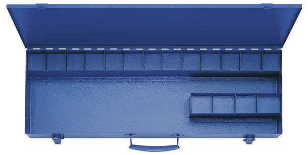 Offene blaue Metallwerkzeugkiste mit mehreren Fächern zur Werkzeugorganisation.