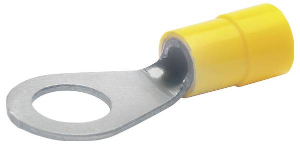 Ein gelber isolierter Ringkabelschuh mit einem Metallverbinder zum Anschließen von elektrischen Leitungen.
