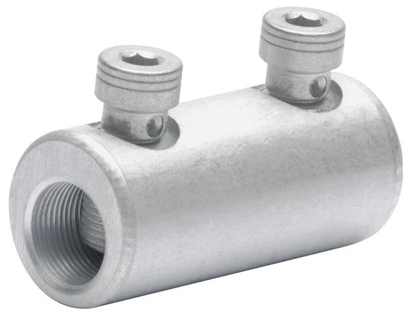 Ein metallischer Verbinder mit zwei Schrauben oben und einer Gewindebohrung an einem Ende. Wird zum sicheren Verbinden von Rohren oder Kabeln verwendet.