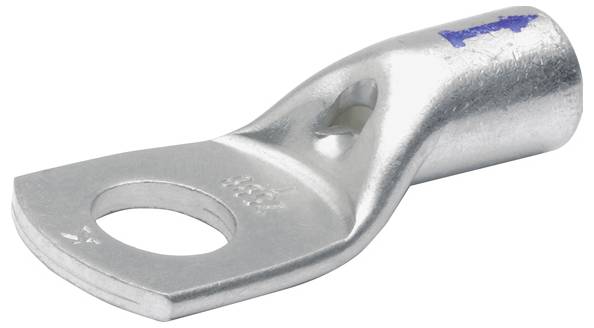 Eine metallische Kabelöse mit einem Loch zur Befestigung von Kabeln, die leicht gebogen ist und einen kleinen blauen Pfeil zur Orientierung aufweist.