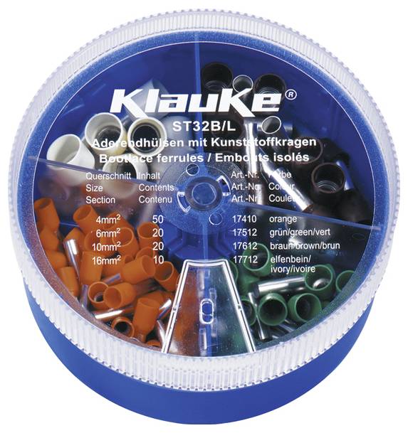 'Klauke ST32B/L' Set mit verschiedenen isolierten Aderendhülsen in unterschiedlichen Farben und Größen: 4mm², 6mm², 10mm², 16mm².
