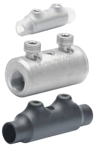 Drei verschiedene elektrische Anschlüsse werden gezeigt: ein metallischer mit zwei Schrauben, ein schwarzer Kunststoffanschluss und ein transparenter ohne sichtbare Schrauben.