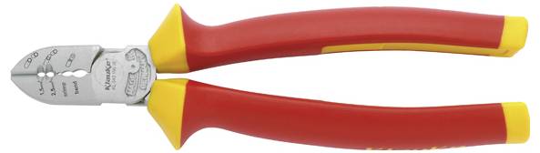 Ein rot und gelb gehaltener Crimpzange mit Metallbacken, entwickelt für die Modifikation von Drähten und Kabeln.