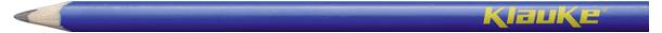 Ein blauer Bleistift mit einem gelben 'Klauk' Logo an seiner Seite, nach links zeigend.