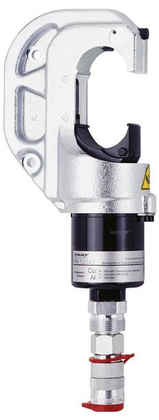 Ein hydraulischer Crimpwerkzeug mit großem offenem Kiefer, der zum Klemmen oder Pressen von elektrischen Anschlüssen auf Drähte oder Kabel verwendet wird.