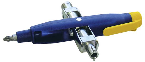 Ein vielseitiger Multifunktions-Stift mit auswechselbaren Schraubendreher-Einsätzen, mit blauem Körper und gelber Klammer.