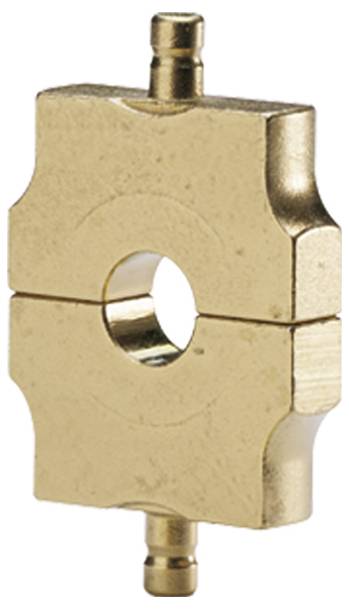 Eine Messingklempnerfitting mit einem kreisrunden Loch in der Mitte und symmetrischem Design, wahrscheinlich verwendet für Rohranschlüsse.