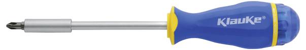 Ein blauer und gelber Schraubendreher mit Kreuzschliffspitze und ergonomischem Griff, auf dem das 'Klauke'-Logo am Griff angebracht ist.
