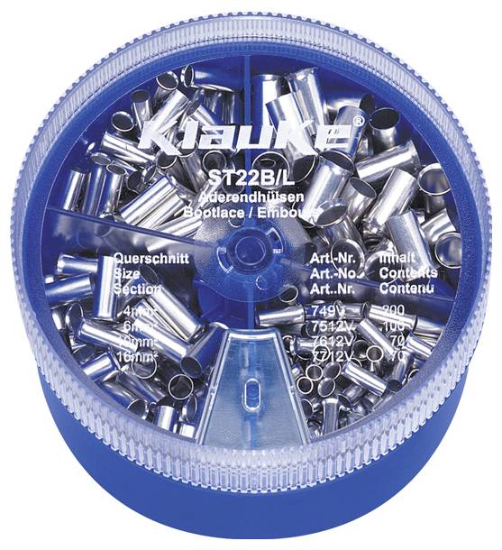 Ein rundes Behältnis mit Aderendhülsen verschiedener Größen, beschriftet auf Deutsch und Englisch, zeigt verschiedene Metallröhrchen in einem blauen Deckel.