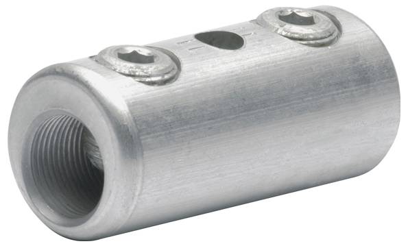 Ein zylindrischer Metallverbinder mit zwei Schrauben und einem Gewindeloch, wahrscheinlich zum sicheren Verbinden von Rohren oder Kabeln verwendet.