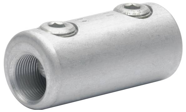 Eine Nahaufnahme eines metallischen zylindrischen Kupplungsstücks mit zwei Schrauben oben, die einen geränderten Innenraum zeigt.