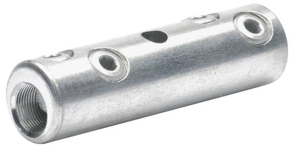 Ein zylindrischer Metallverbinder mit Gewindebohrungen an beiden Enden und mehreren Bolzenlöchern an den Seiten, der zum Verbinden von Rohrabschnitten verwendet wird.