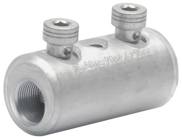 Eine Metallrohrkupplung mit zwei Schraubschellen oben, konstruiert für eine sichere Verbindung mit einem anderen Rohr, häufig in der Sanitärtechnik verwendet.