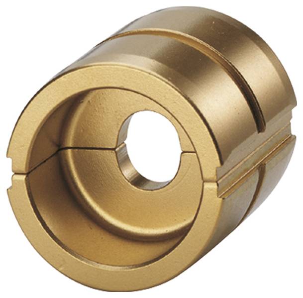 Ein zylindrischer, zweiteiliger Bronzespaltkragen mit einem zentralen Loch, der zum Befestigen einer Welle verwendet wird, in perspektivischer Darstellung.