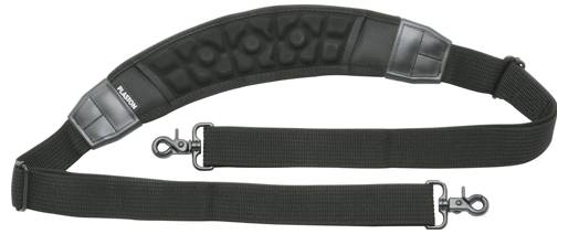 Ein schwarzer gepolsterter Schultergurt mit verstellbarer Länge und Drehclips an jedem Ende zum Anbringen an Taschen oder Ausrüstung.
